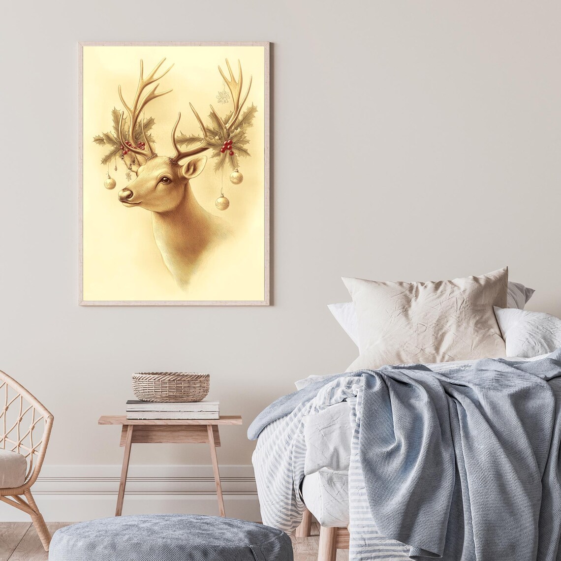 Elegant Reindeer With Ornament Antlers Christmas Artwork Poster - Image 2