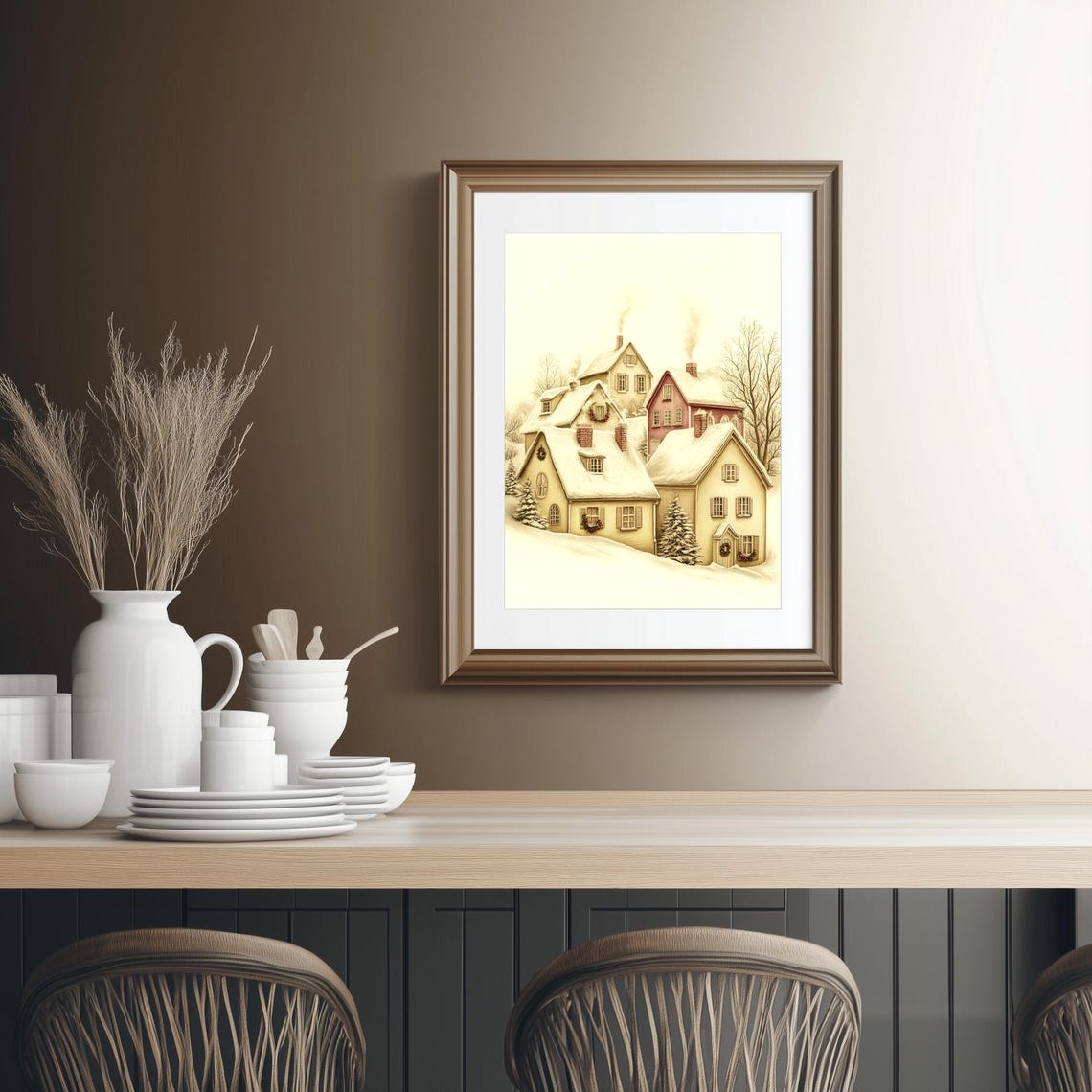 Snowy Christmas Village Cozy Cottages Winter Scene Art Poster - Image 2