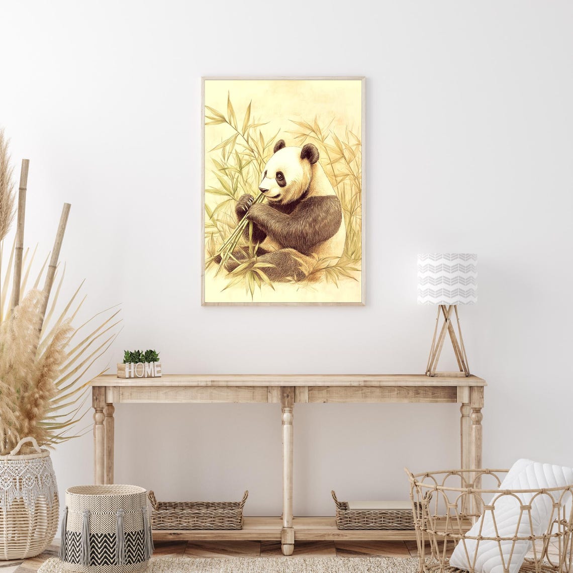 Giant Panda Eating Bamboo Sepia Sketch Tranquil Wildlife Wall Art - Image 3