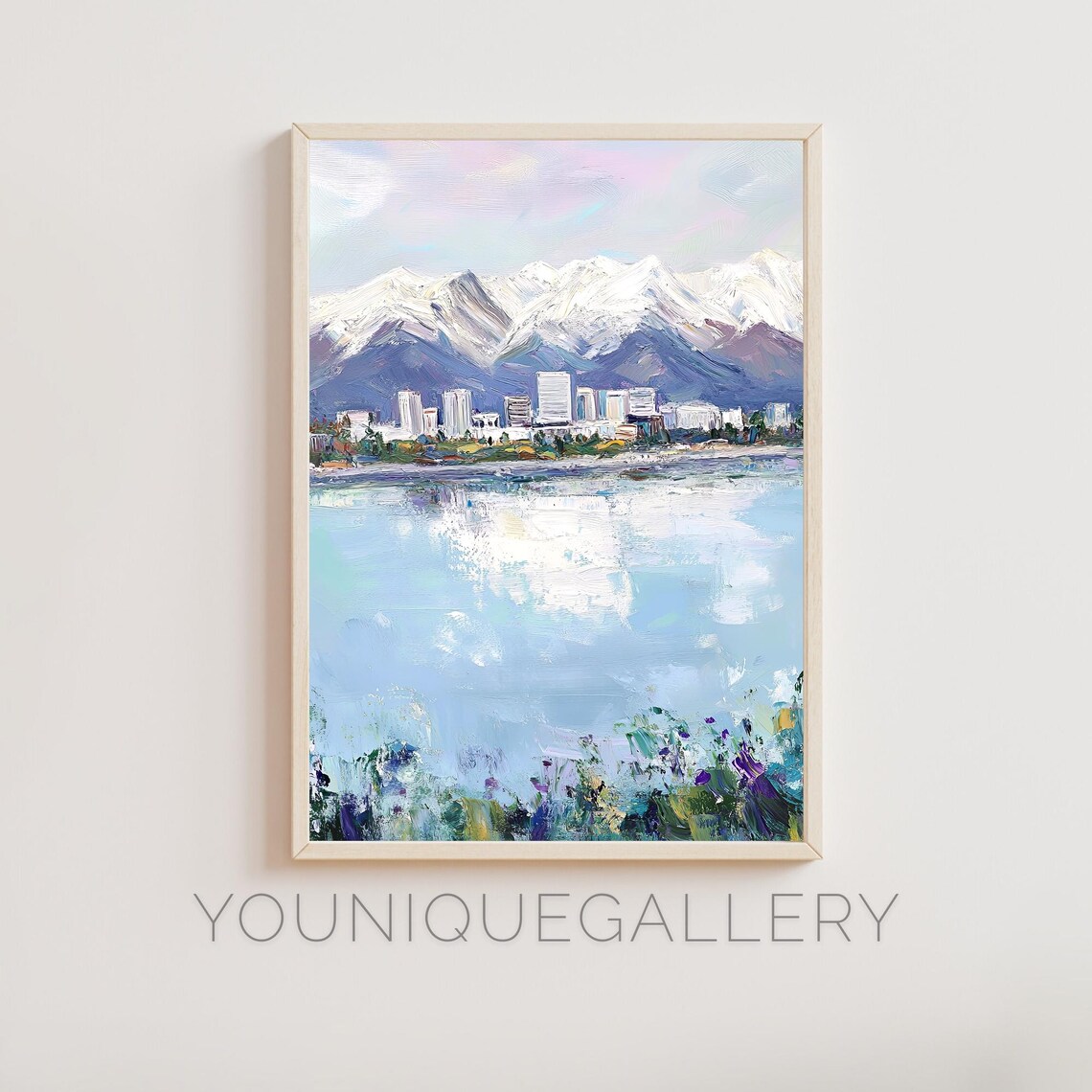 Snowy Mountain Lakefront City Skyline Winter Impressionist Oil Wall Art
