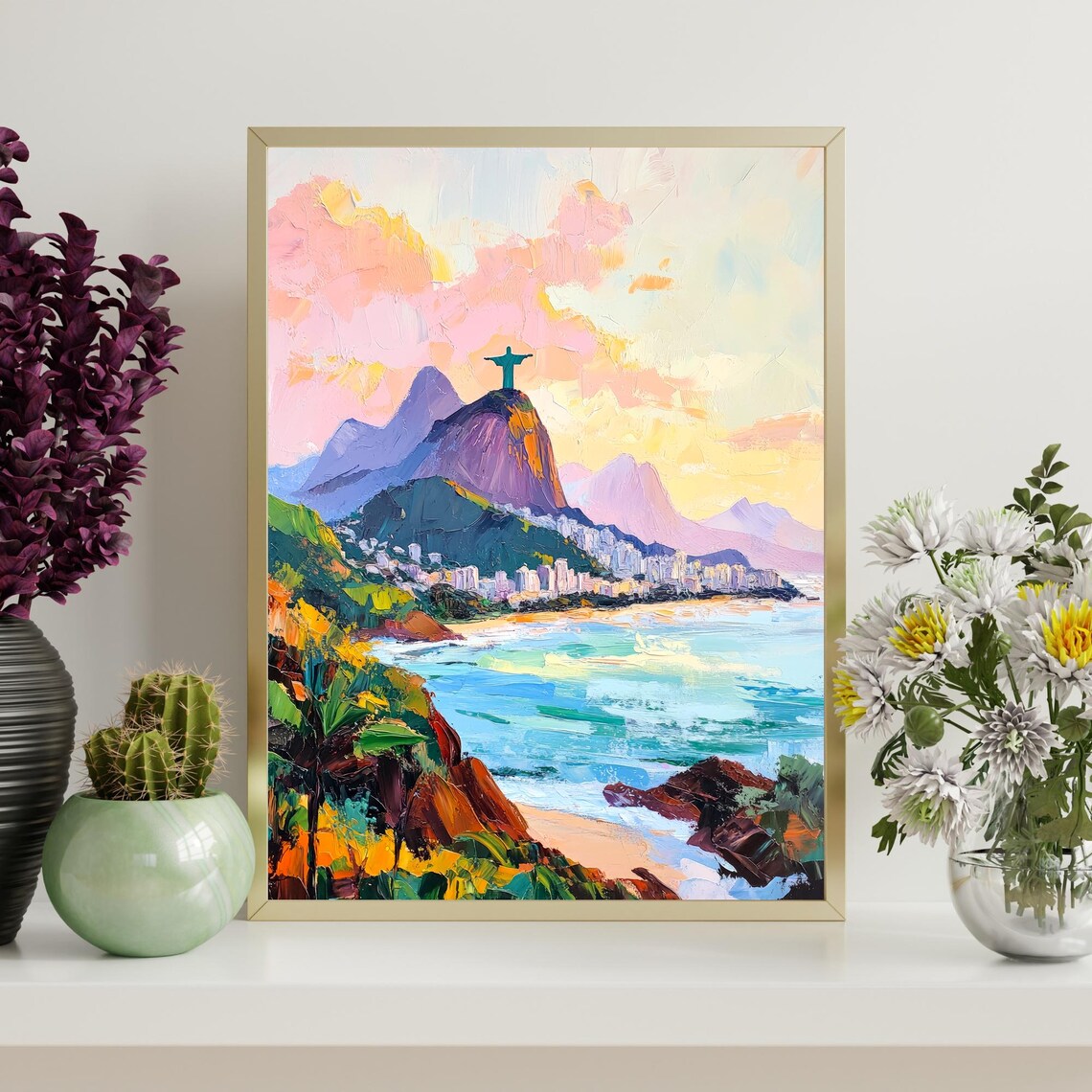 Christ The Redeemer Rio De Janeiro Corcovado Beach Sunset View Painting Poster - Image 4