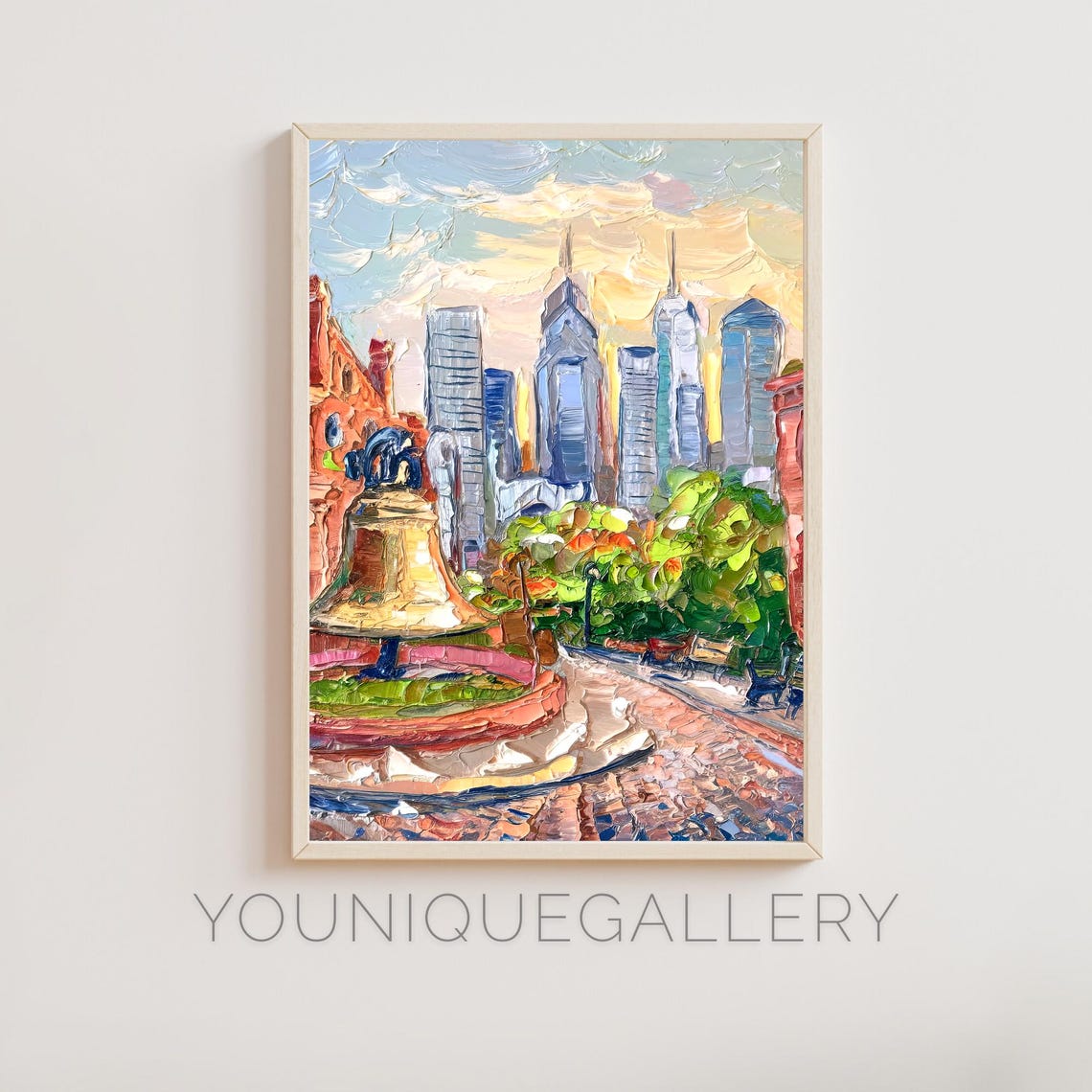 Philadelphia Liberty Bell Downtown Skyline Golden Hour Oil Art Poster