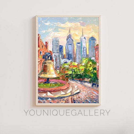 Philadelphia Liberty Bell Downtown Skyline Golden Hour Oil Art Poster