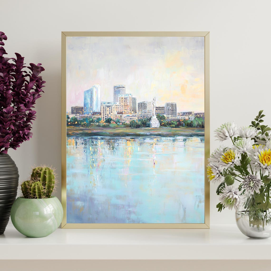 Waterfront City Skyline Soft Pastel Impressionist Oil Wall Art - Image 4
