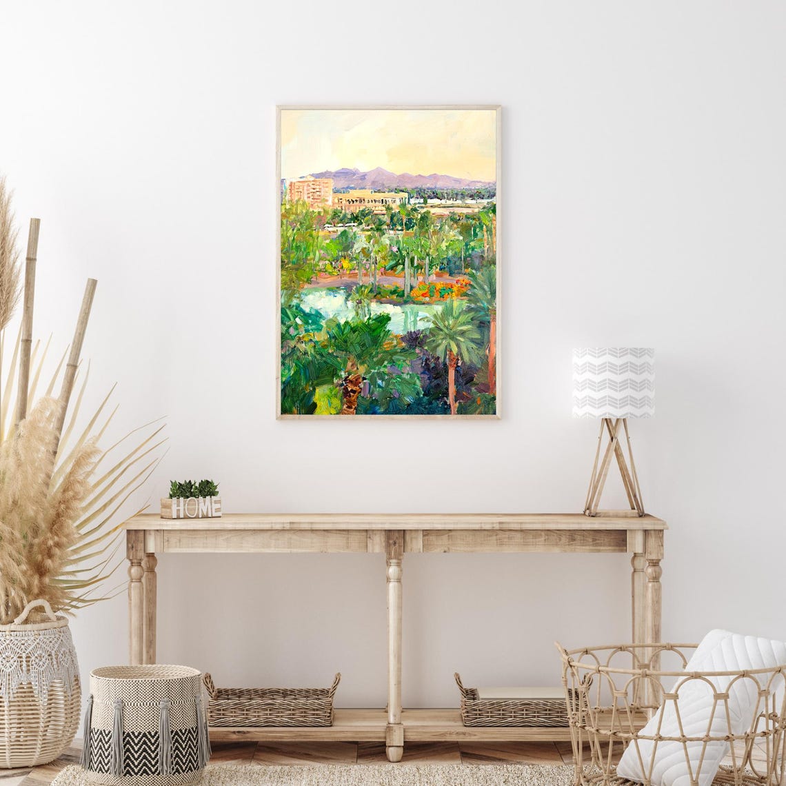 Desert City Palm Trees Lake Mountain Oasis Impressionist Oil Wall Art - Image 3