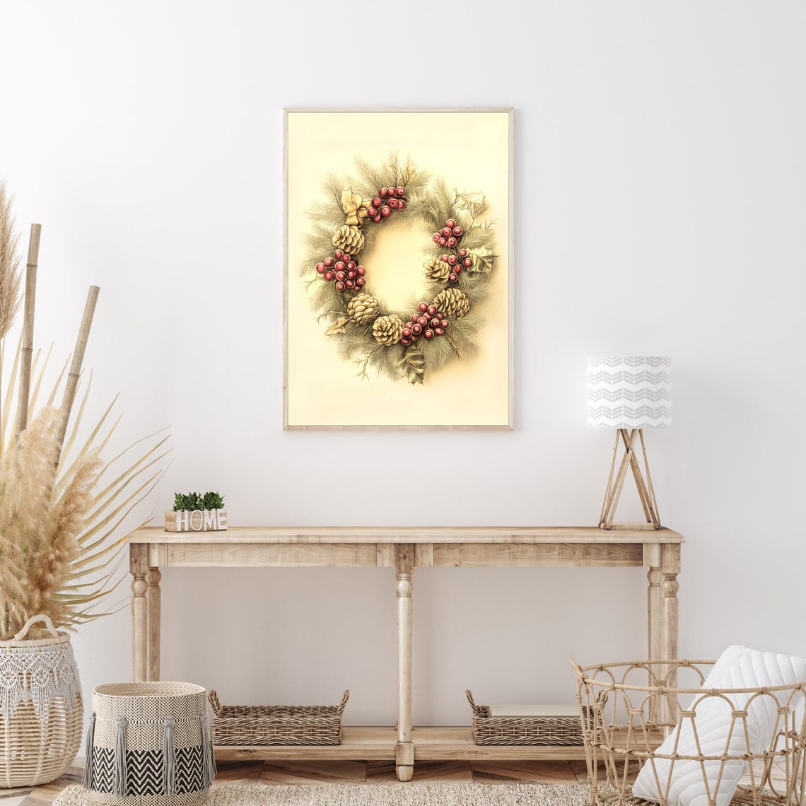 Vintage Christmas Wreath Pine Cones and Red Berries Art Poster - Image 4