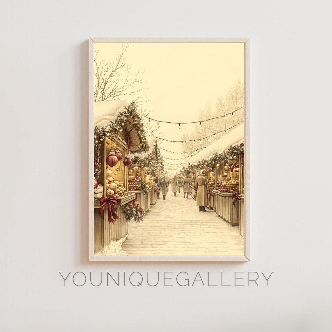 Vintage Christmas Market Wooden Stalls Festive Street Art Poster
