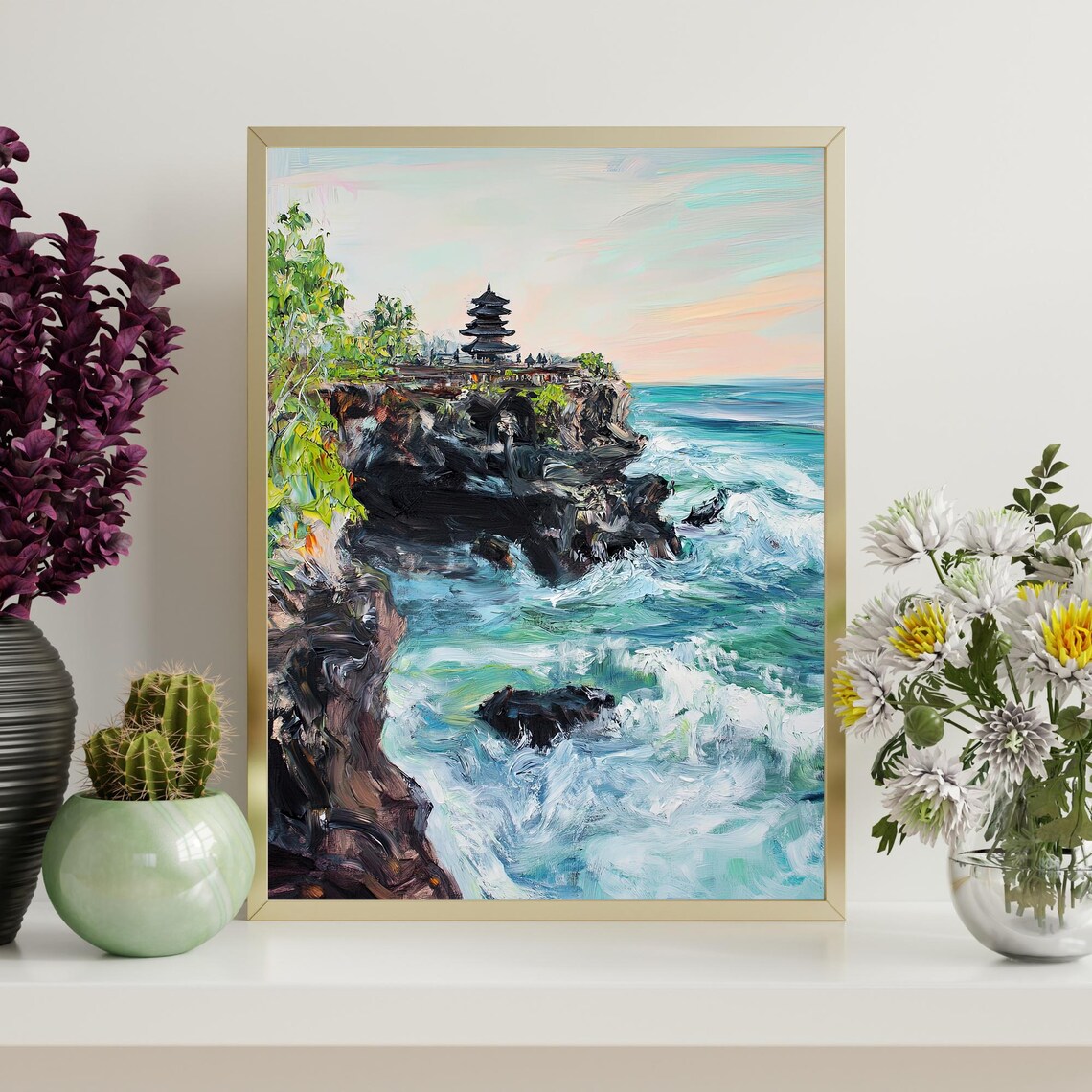 Tanah Lot Temple Bali Sea Cliff Waves Ocean Oil Painting Poster - Image 4