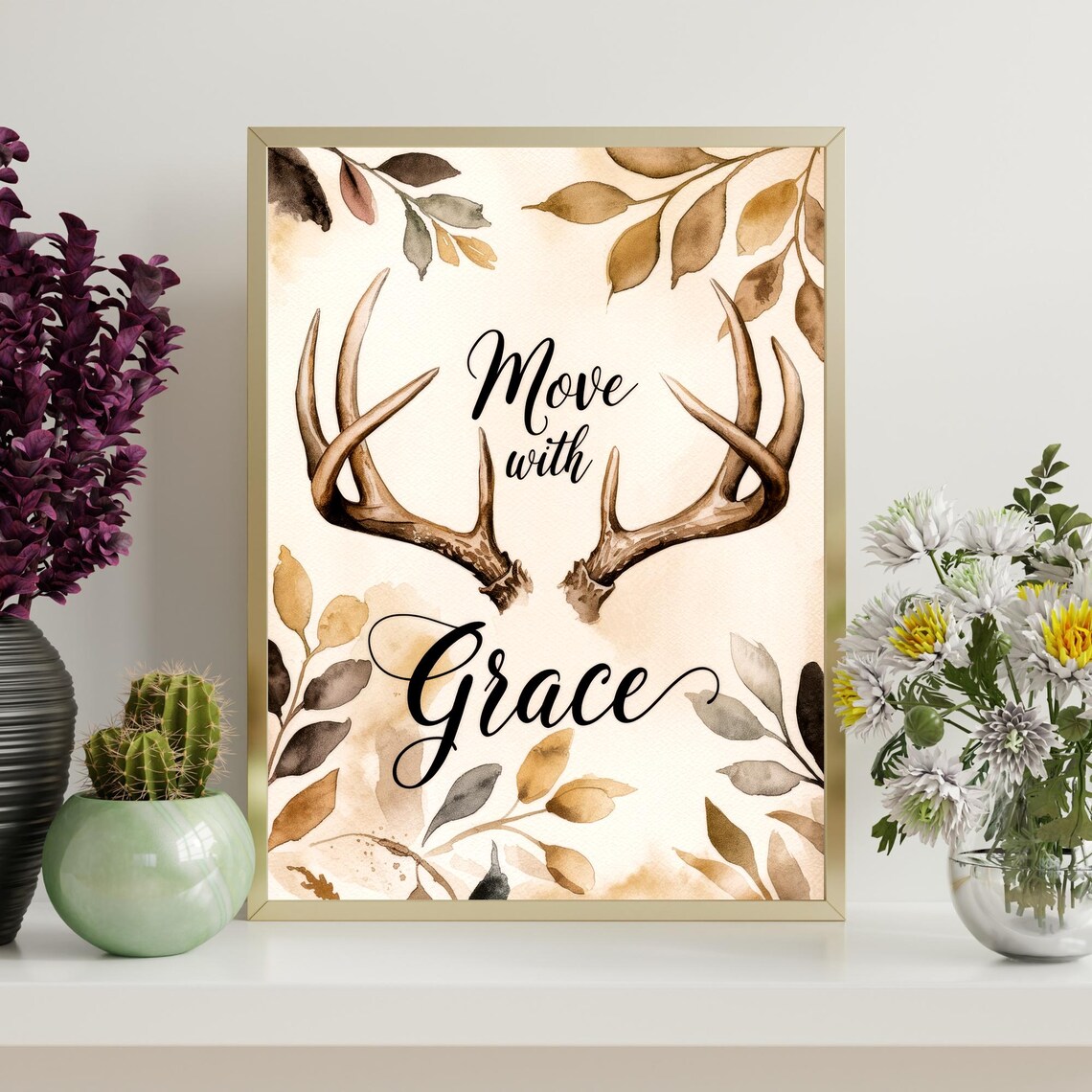 Move With Grace Deer Antlers Autumn Leaves Watercolor Quote Poster - Image 4