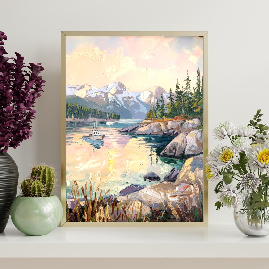 Sitka Alaska Coastal Sunset Fishing Boat Mountain Lake Painting Poster - Image 4