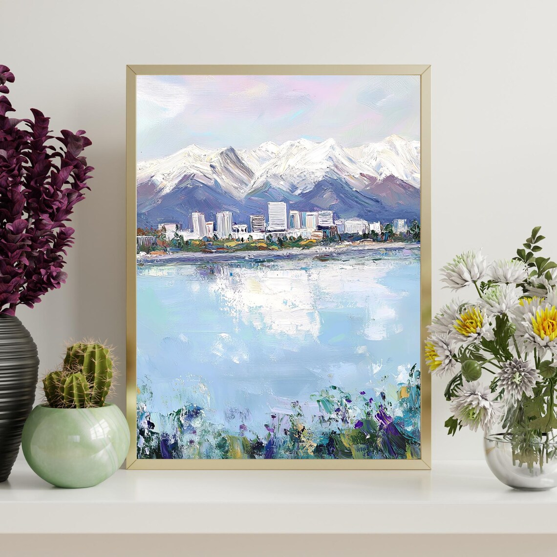 Snowy Mountain Lakefront City Skyline Winter Impressionist Oil Wall Art - Image 4