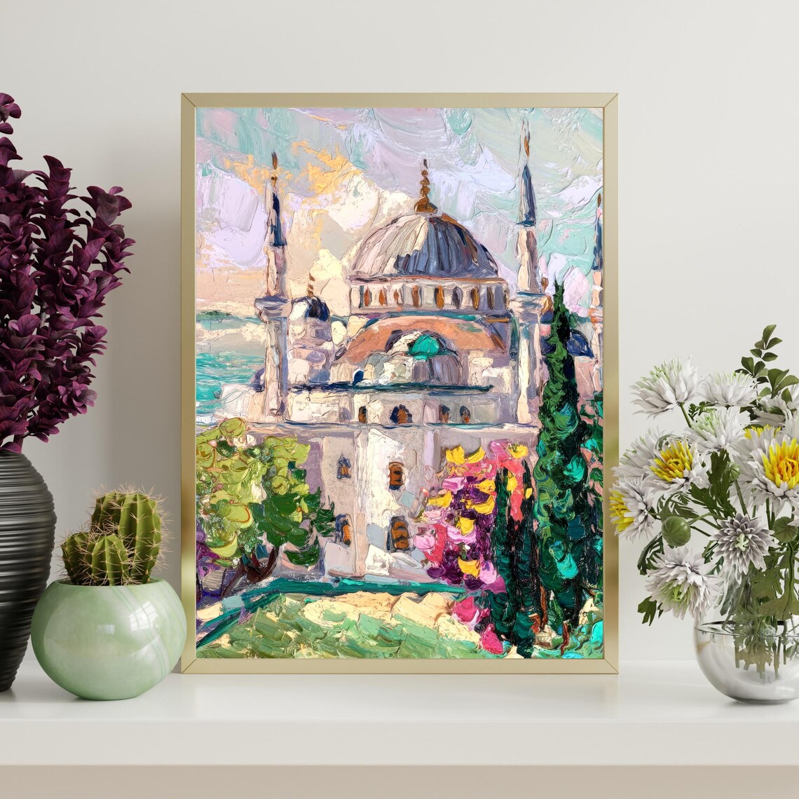 Blue Mosque Istanbul Domes Minarets Flowers Pastel Oil Painting Poster - Image 4