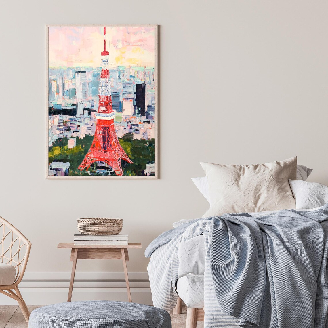 Tokyo Tower Japan Red Lattice Tower City Skyline Pastel Sunset Painting Poster - Image 2