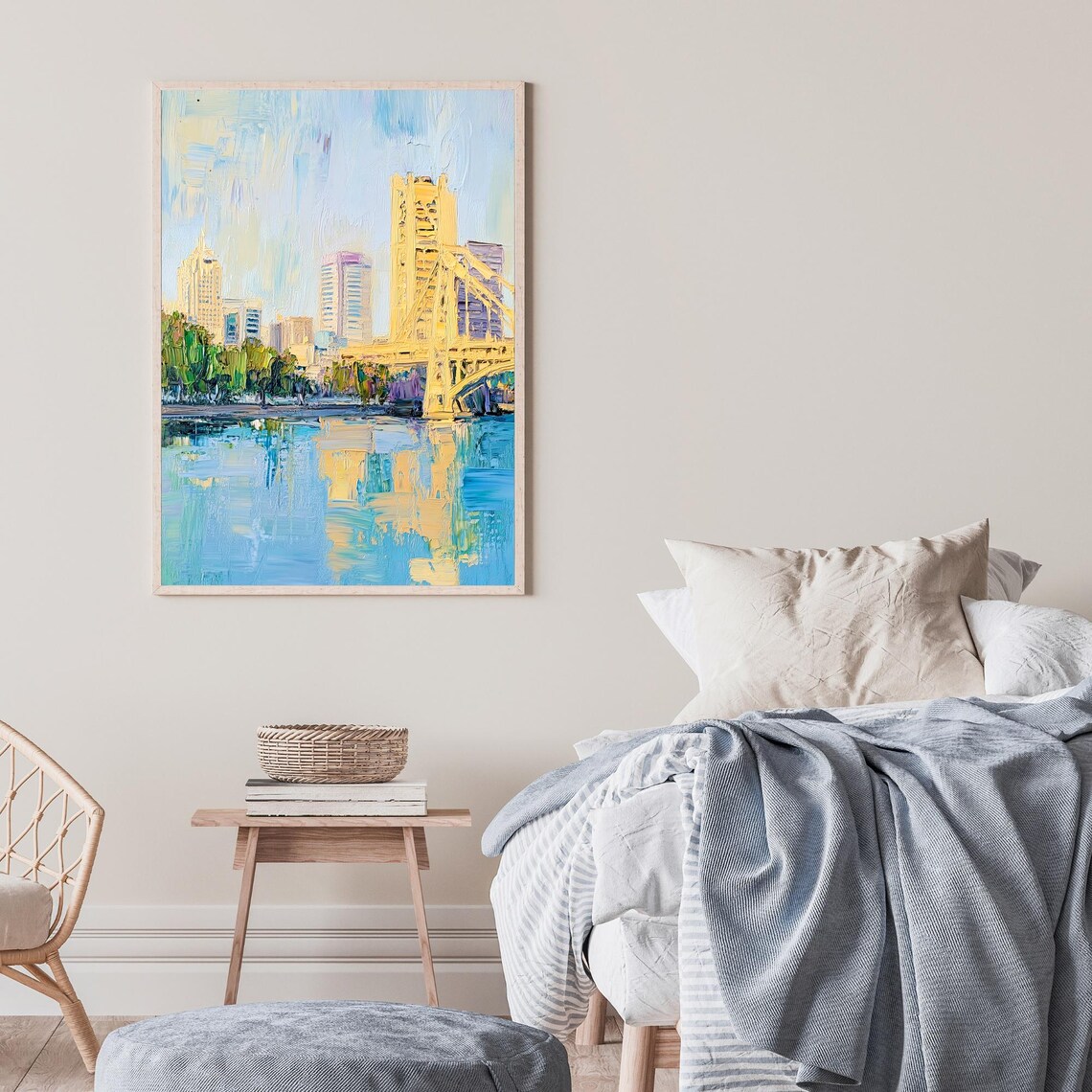 Sacramento California Gold Tower Bridge River Oil Painting Poster - Image 2