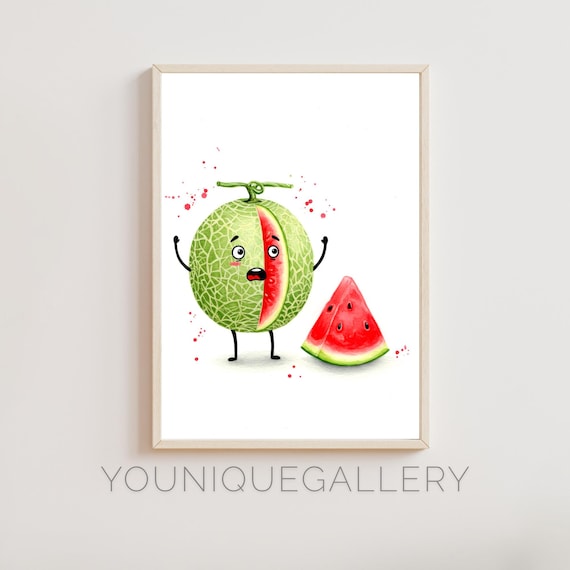 Funny Watermelon Wall Art Cute Cantaloupe Kitchen Print Summer Fruit Decor Food Pun Watercolor Kids Room Art Fruit Humor