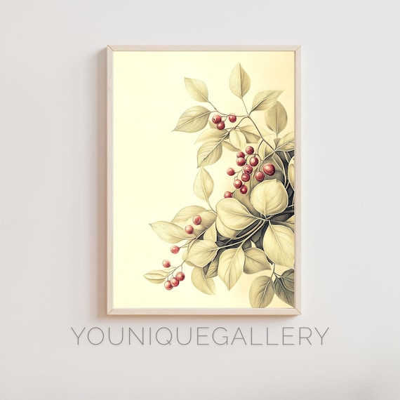 Red Berry Branch Botanical Illustration Winter Foliage Poster