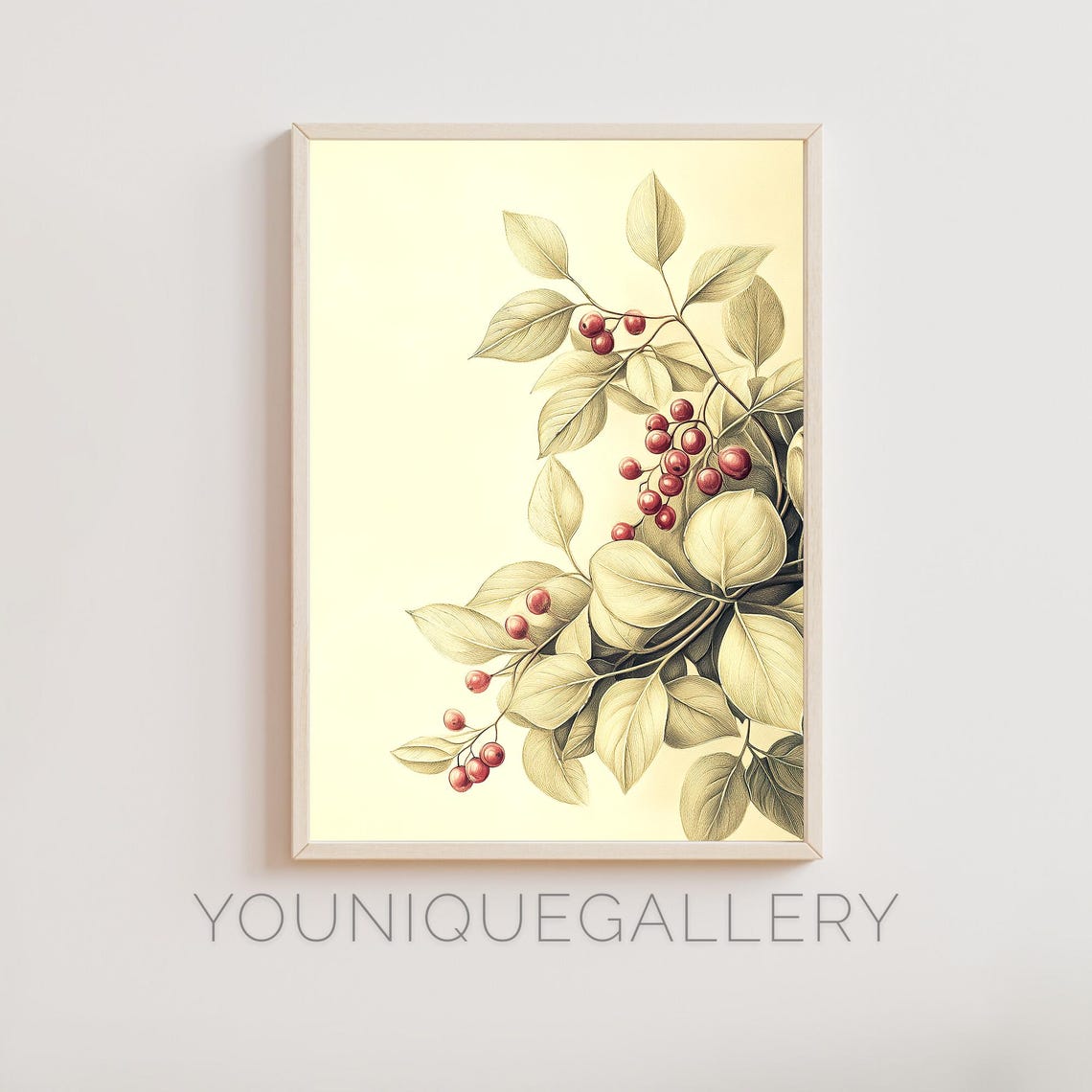 Red Berry Branch Botanical Illustration Winter Foliage Poster