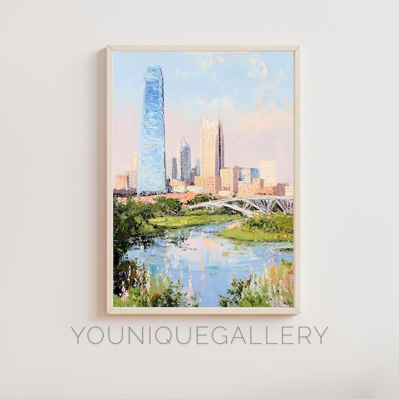 Oklahoma City Downtown Skyline Bridge River Oil Painting Poster