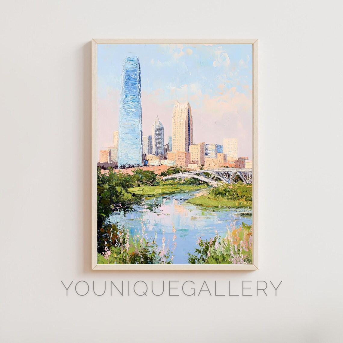Oklahoma City Downtown Skyline Bridge River Oil Painting Poster