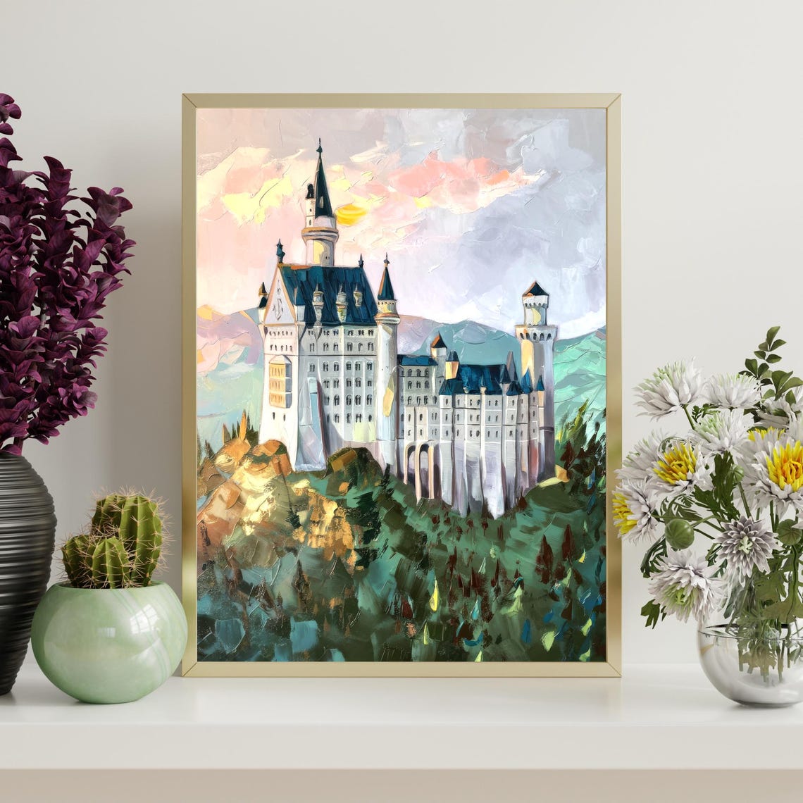 Neuschwanstein Castle Bavarian Fairytale Hillside Painting Wall Art - Image 4