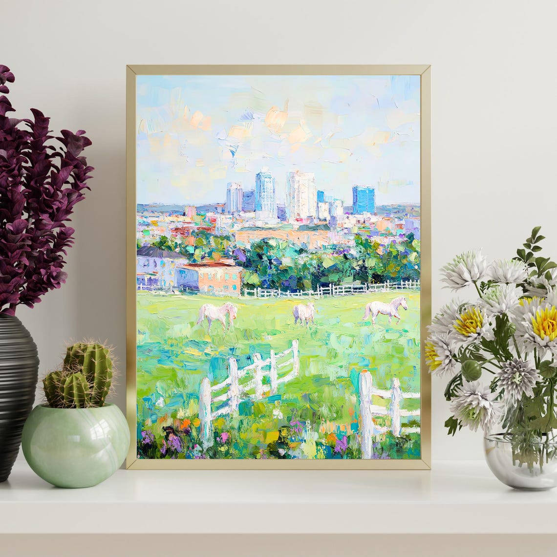 White Horses Pasture City Skyline Pastoral Impressionist Wall Art - Image 4
