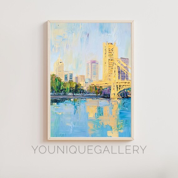 Sacramento California Gold Tower Bridge River Oil Painting Poster