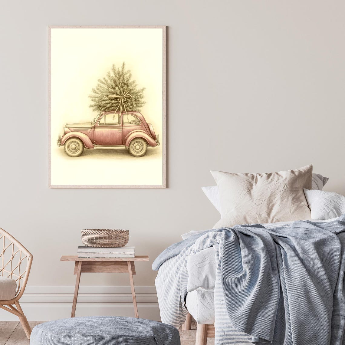 Vintage Red Volkswagen Beetle Carrying Christmas Tree Art Poster - Image 3
