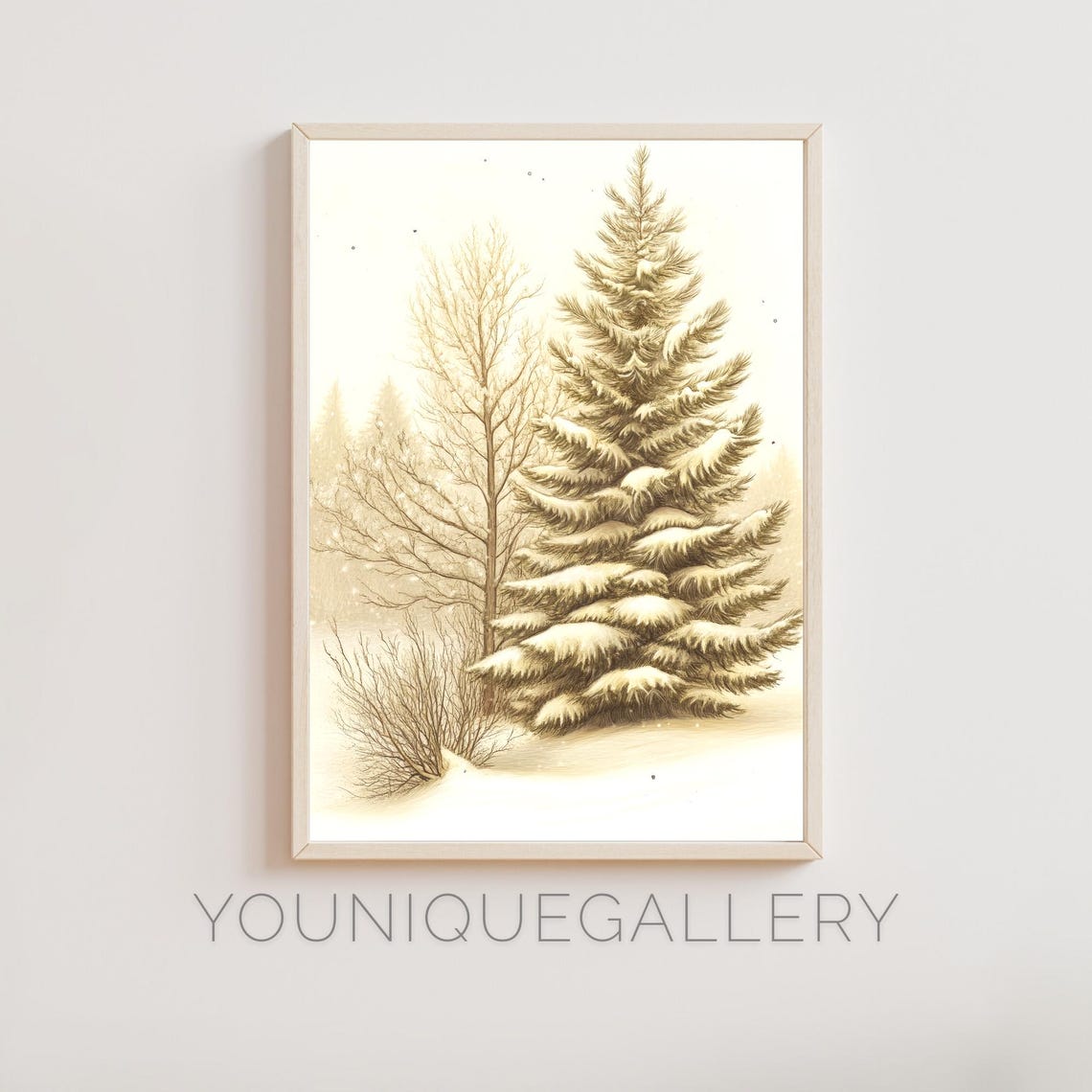 Snow Covered Pine Tree Winter Forest Landscape Sketch Poster