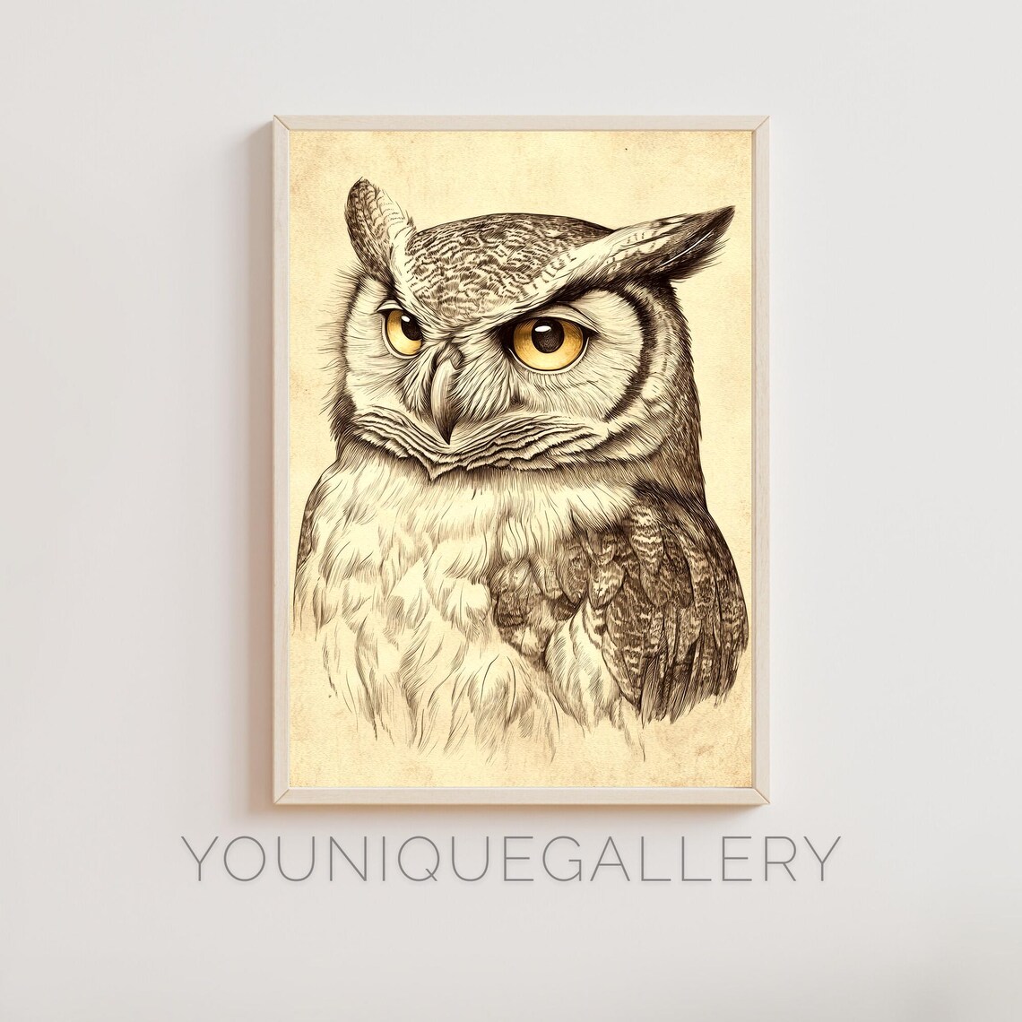 Great Horned Owl Portrait Sepia Sketch Piercing Eyes Bird Wall Art