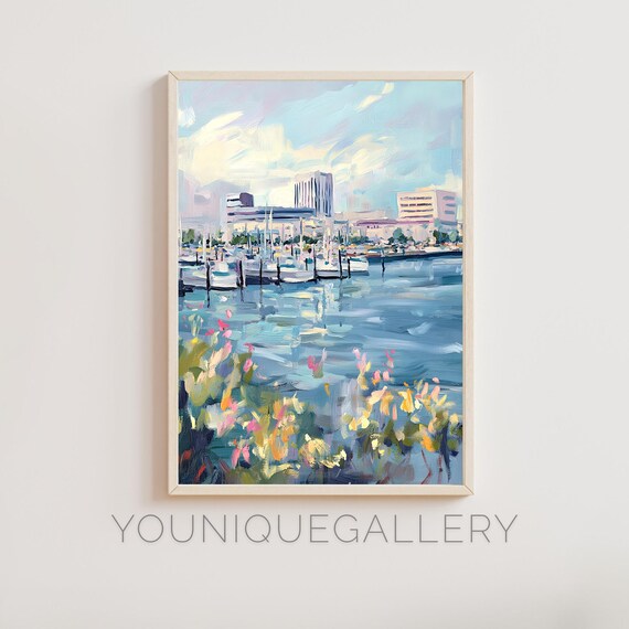 Marina Sailboats Waterfront Wildflowers Impressionist Oil Wall Art