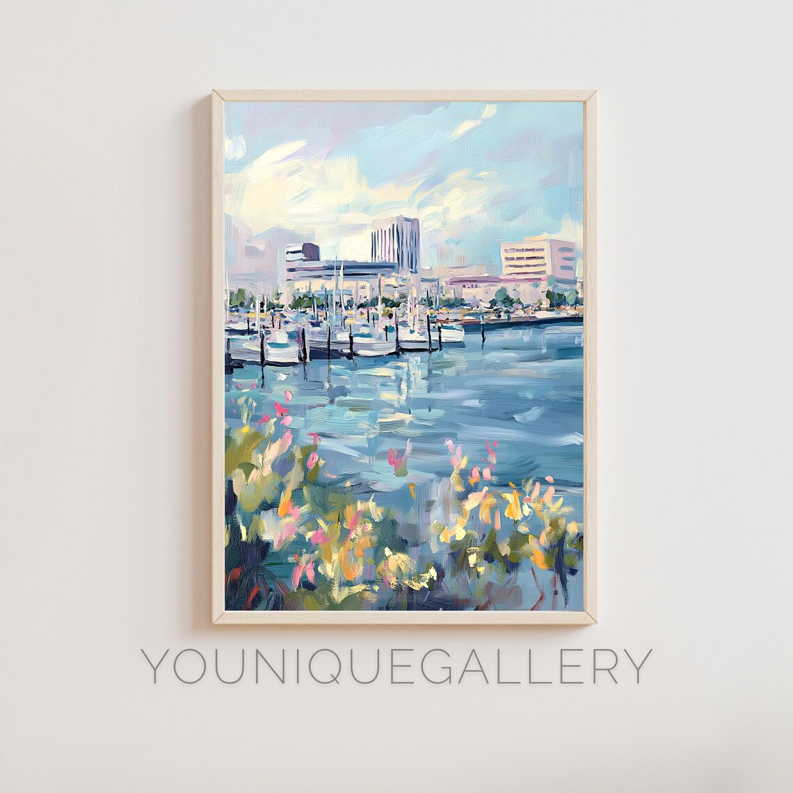 Marina Sailboats Waterfront Wildflowers Impressionist Oil Wall Art