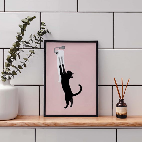 Bathroom Cat Wall Art Print Black Toilet Paper Funny Poster Preppy Pink Dorm Decor