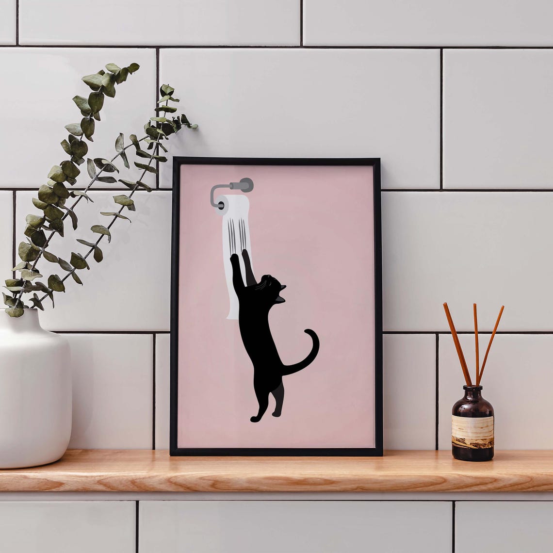 Funny Bathroom Cat Toilet Paper Poster Pink Humorous Wall Decor