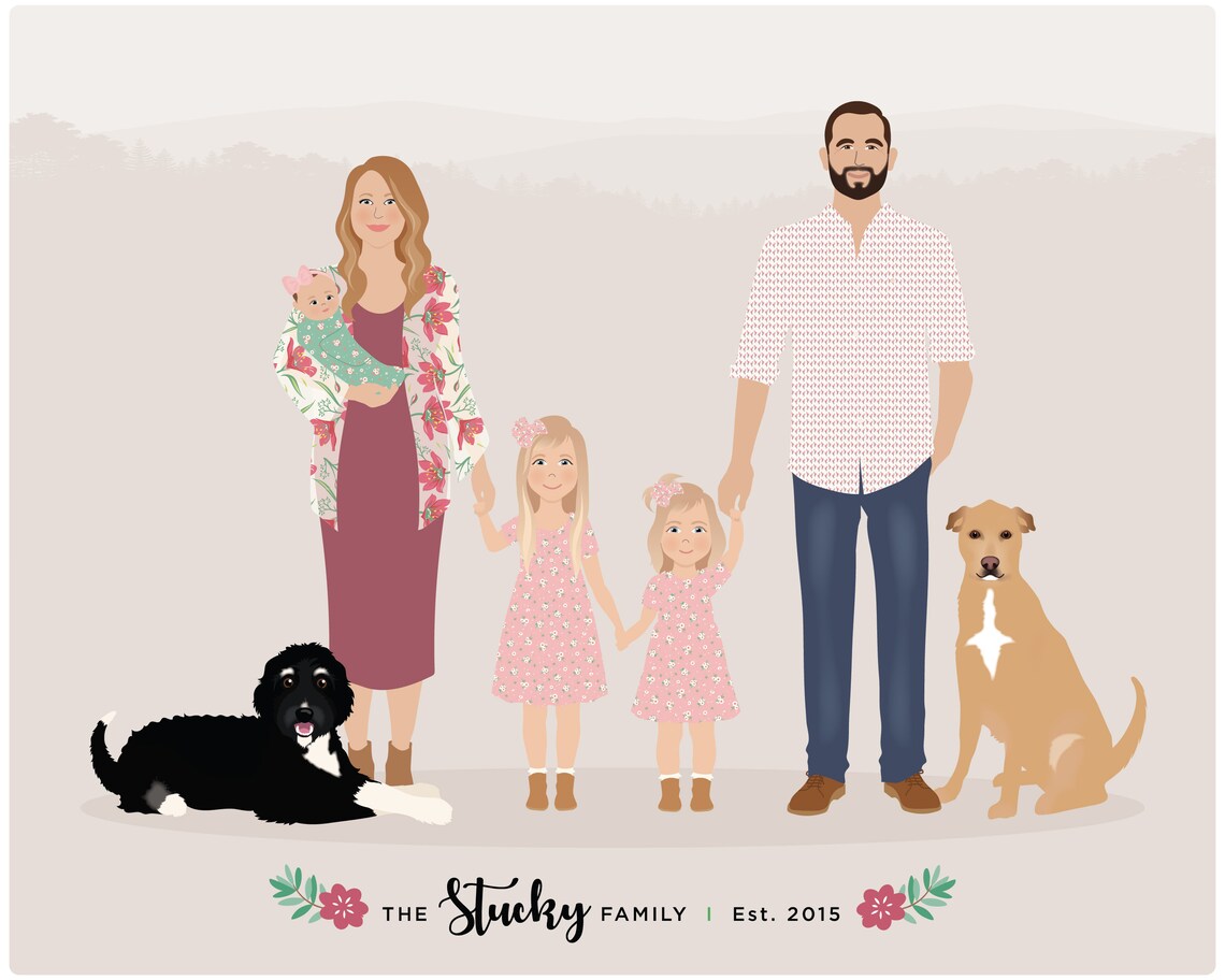 Custom Hand Drawn Portrait, Family And Pets - Image 3