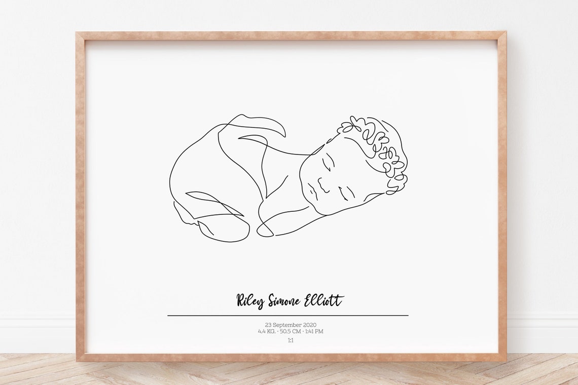 Sleeping Newborn Line Drawing Birth Stats Print for Nursery Wall Decor