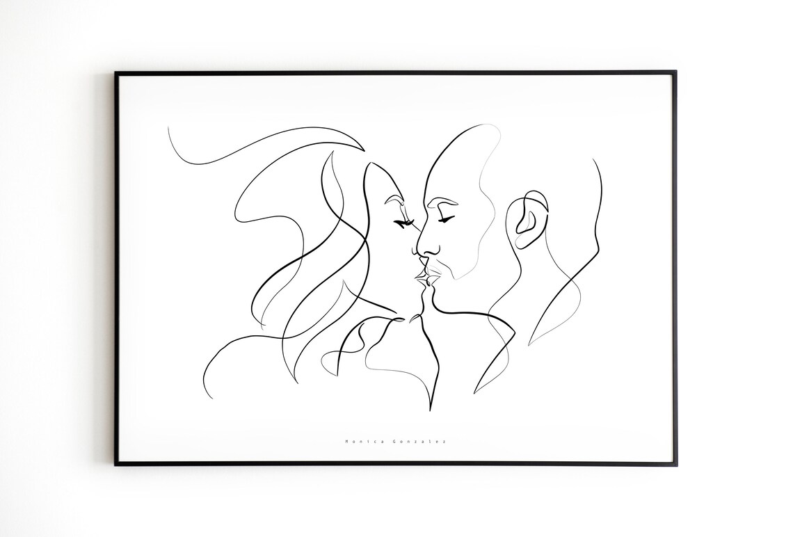 Continuous Line Art Couple Kiss Minimalist Poster Timeless Decor
