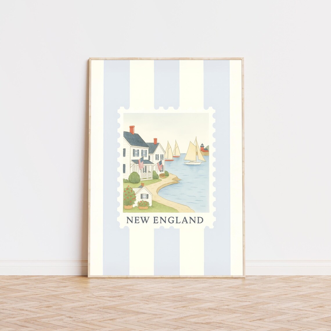 New England Coastal Postcard Sailboats Lighthouse Americana Poster
