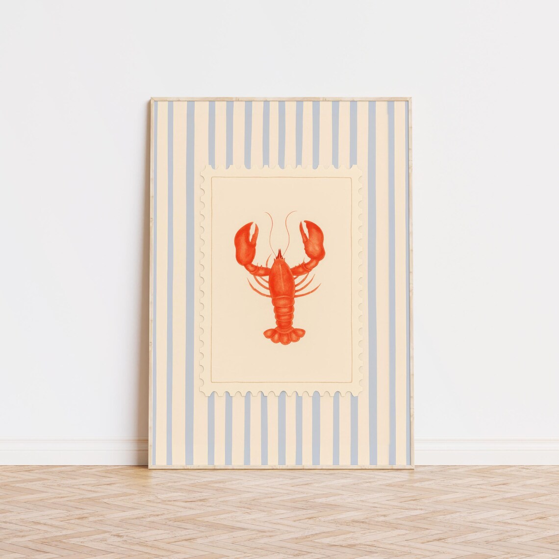 Lobster Striped Art Print, Preppy Beach Decor