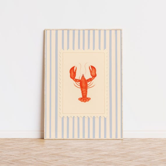 Lobster Striped Art Print, Preppy Beach Decor