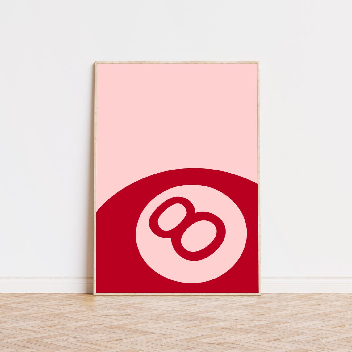 Red Lucky Eight Ball on Blush Pink Minimalist Bold Art Poster