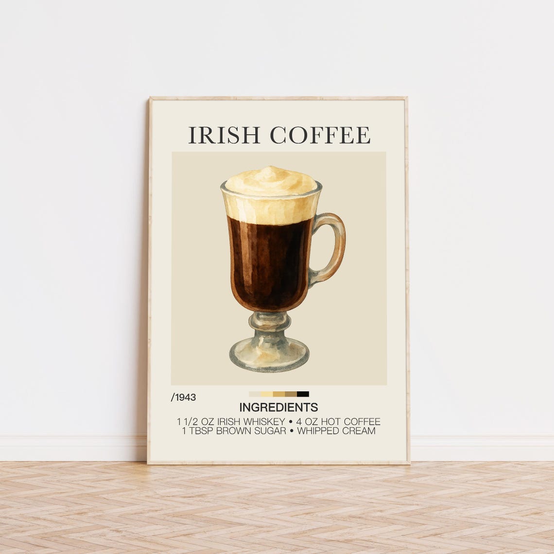 Irish Coffee Recipe Watercolor Warm Cocktail Kitchen Bar Print