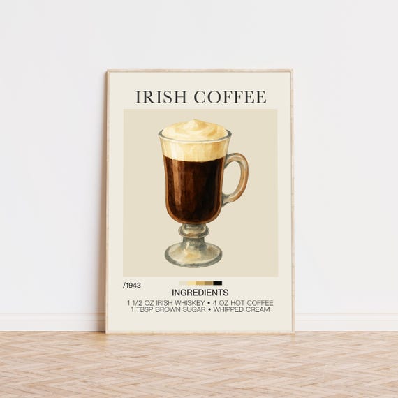 Irish Coffee Print Cocktail Wall Art Bar Cart Recipe Signature Drink Museum Quality