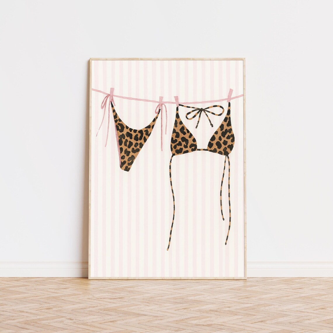 Leopard Bikini Print, Pink Stripes Coastal Decor
