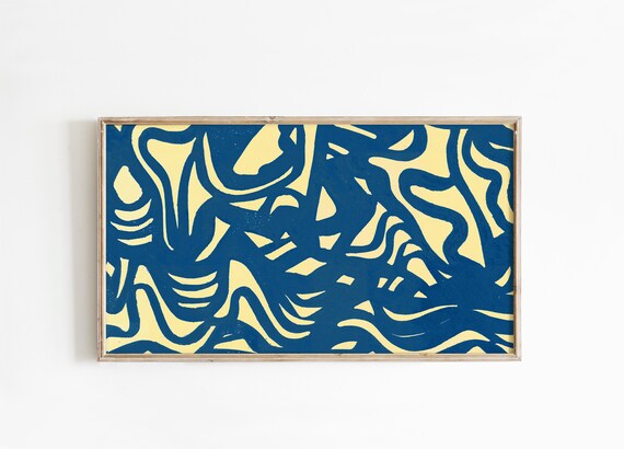 Bold Blue Yellow Abstract Wave Pattern Modern Graphic Wall Art