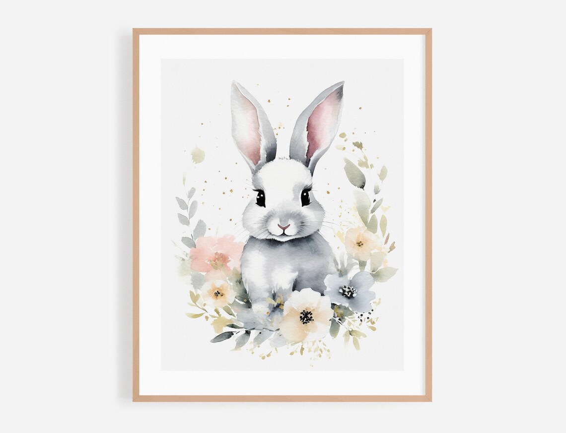 Adorable Baby Rabbit Watercolor Floral Nursery Portrait Poster