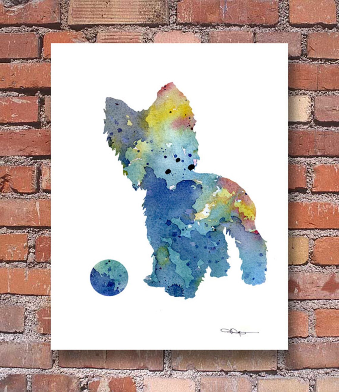 Blue Watercolor Yorkshire Terrier Puppy with Ball Dog Art Print