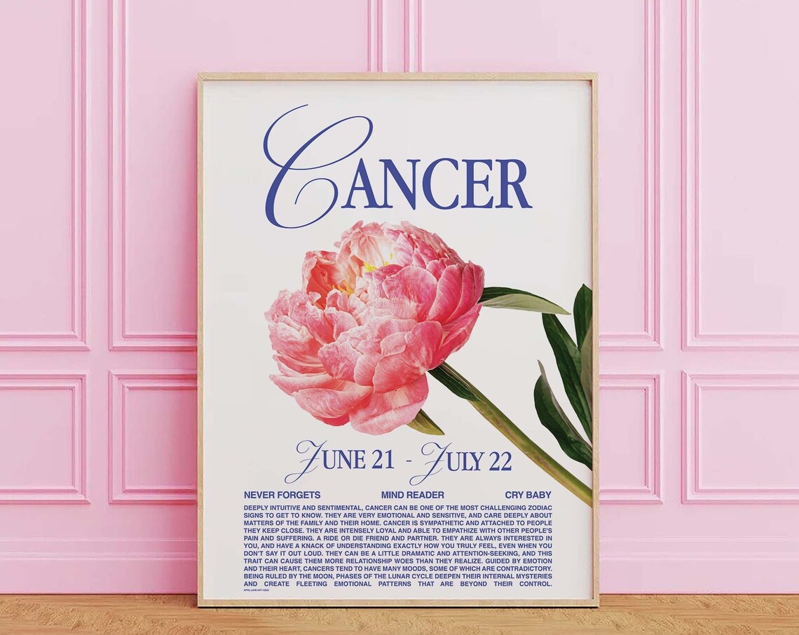 Cancer Zodiac Sign Peony Flower Retro Astrology Star Sign Personality Poster