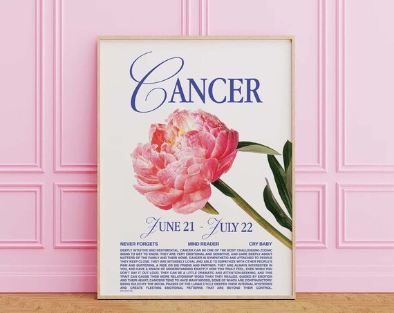 Cancer Zodiac Sign Peony Flower Retro Astrology Star Sign Personality Poster