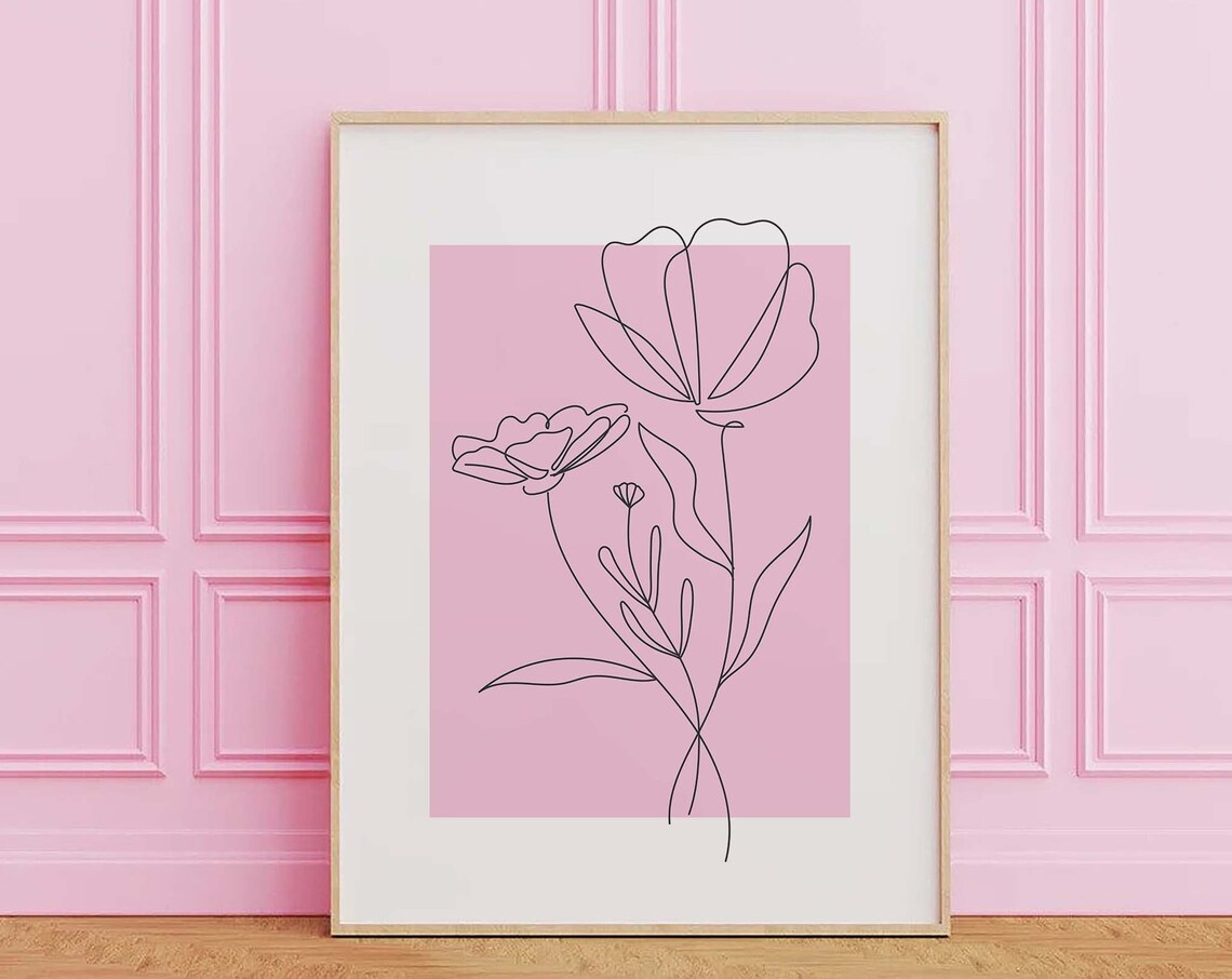 Blush Pink Botanical Line Art Flower Sketch Modern Decor Poster