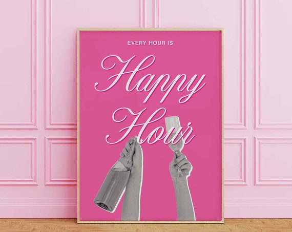 Every Hour Is Happy Hour Print Art Cute Pink Bar Car Print Trendy Cocktail Bar Art Kitchen Wall Art